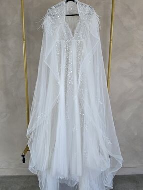 Elegant White Sequin & Feather Wedding Gown